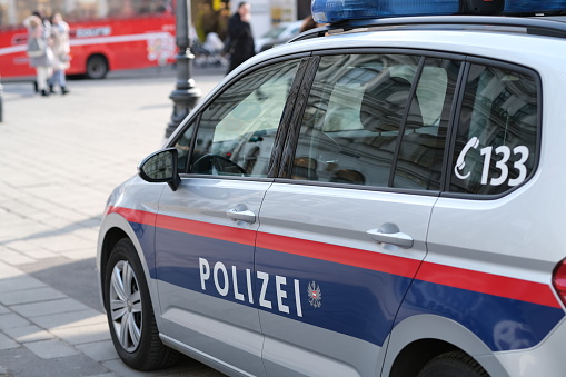 Vienna, Austria. February 20, 2019.\nClose up of austrian police car on Vienna street.