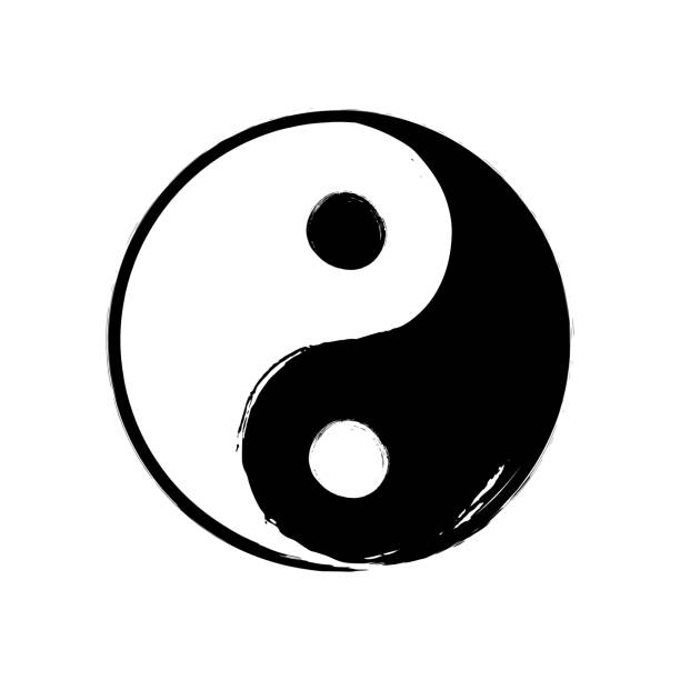 illustrazioni stock, clip art, cartoni animati e icone di tendenza di pennello ad acquerello disegnato a mano vettoriale yin yang simbolo di armonia. bilancia il segno del cerchio in bianco e nero su sfondo bianco. illustrazione della religione del buddismo yang ying - yin yang symbol immagine