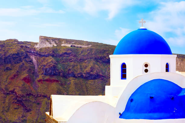 Blue and white church dome, Santorini, Greece, volcanic rocks and and sky background