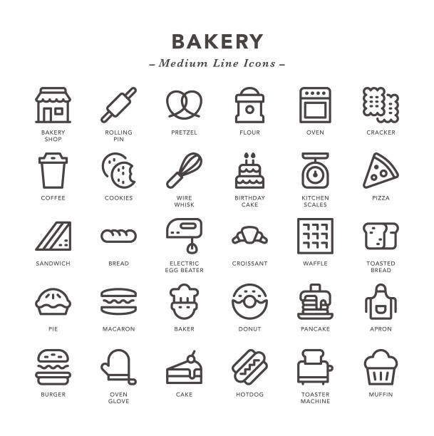 хлебобулочные изделия - значки средней линии - chef food cooking sandwich stock illustrations