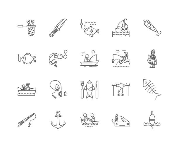 Fishing tackle line icons, signs, vector set, outline illustration concept Fishing tackle line icons, linear signs, vector set, outline concept illustration reenactment stock illustrations