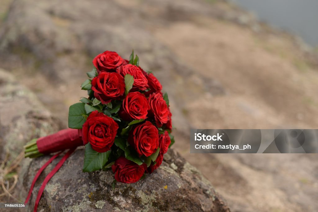 Foto de O Ramalhete Da Noiva Do Casamento De Rosas Vermelhas Das Flores Da  Cor Marsala Encontrase Em Um Registro Pelo Lago Fundo Do Casamento Com  Espaço Da Cópia e mais fotos