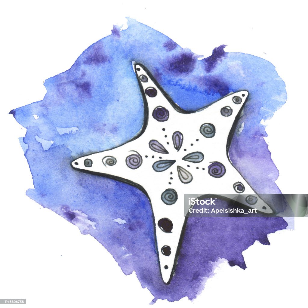 Sketch an unusual starfish from the bottom of the deep blue sea Watercolor hand drawn illustration Animal Wildlife stock illustration