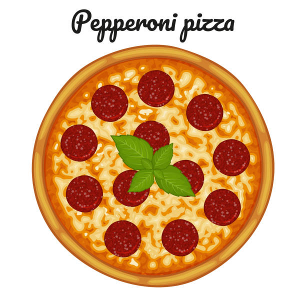 Pepperoni pizza with sausages. Object for packaging, advertisements, menu. Isolated on white. Vector illustration. Cartoon. Pepperoni pizza with sausages. Object for packaging, advertisements, menu. Isolated on white. Vector illustration. Cartoon. pepperoni pizza stock illustrations