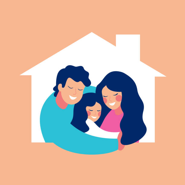 Сoncept housing a young family with one child. Сoncept housing a young family with one child. Mother father and daughter in new house with a roof.  vector design illustrations isolated from background. family home stock illustrations