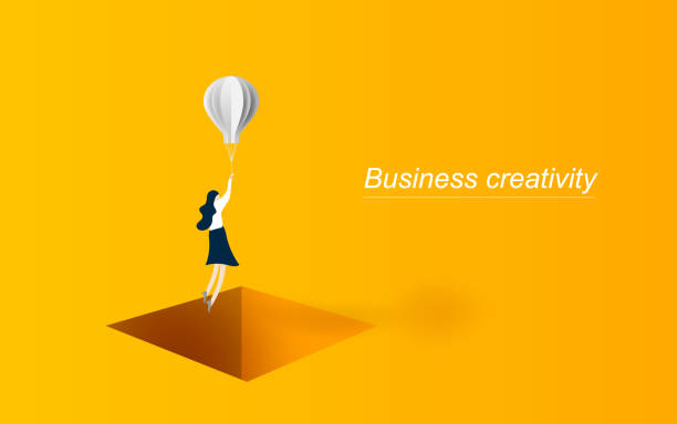 ilustrações de stock, clip art, desenhos animados e ícones de business solution concept woman flying with balloon  over hole box. symbol of innovation. graphic design paper cut and art style for card, poster. yellow. vector illustration. eps10 - box thinking creativity inspiration