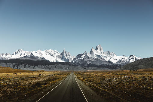 Dramatic view of picturesque road and huge mountains on the way to El Chalten, Argentina