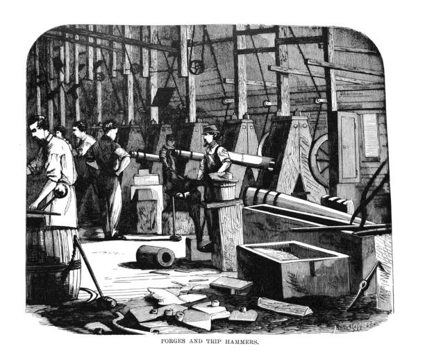 istock First Century United States illustrations - 1873 - Forges and trip hammers - iron works 1148609189