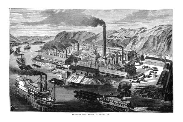 first century ilustracje amerykańskie - 1873 - american iron works - pittsburg - pensylwania - mill river obrazy stock illustrations