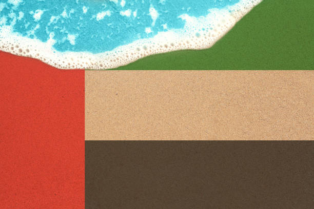 istock Background the sunny sandy beach with flag AUE. Top View on sea surf. 1148610928