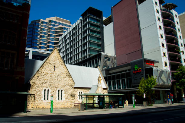 PERTH, AUSTRALIA - March 2, 2019: Old Perth Boys School building on St Georges Terrace currently leased by Curtin University