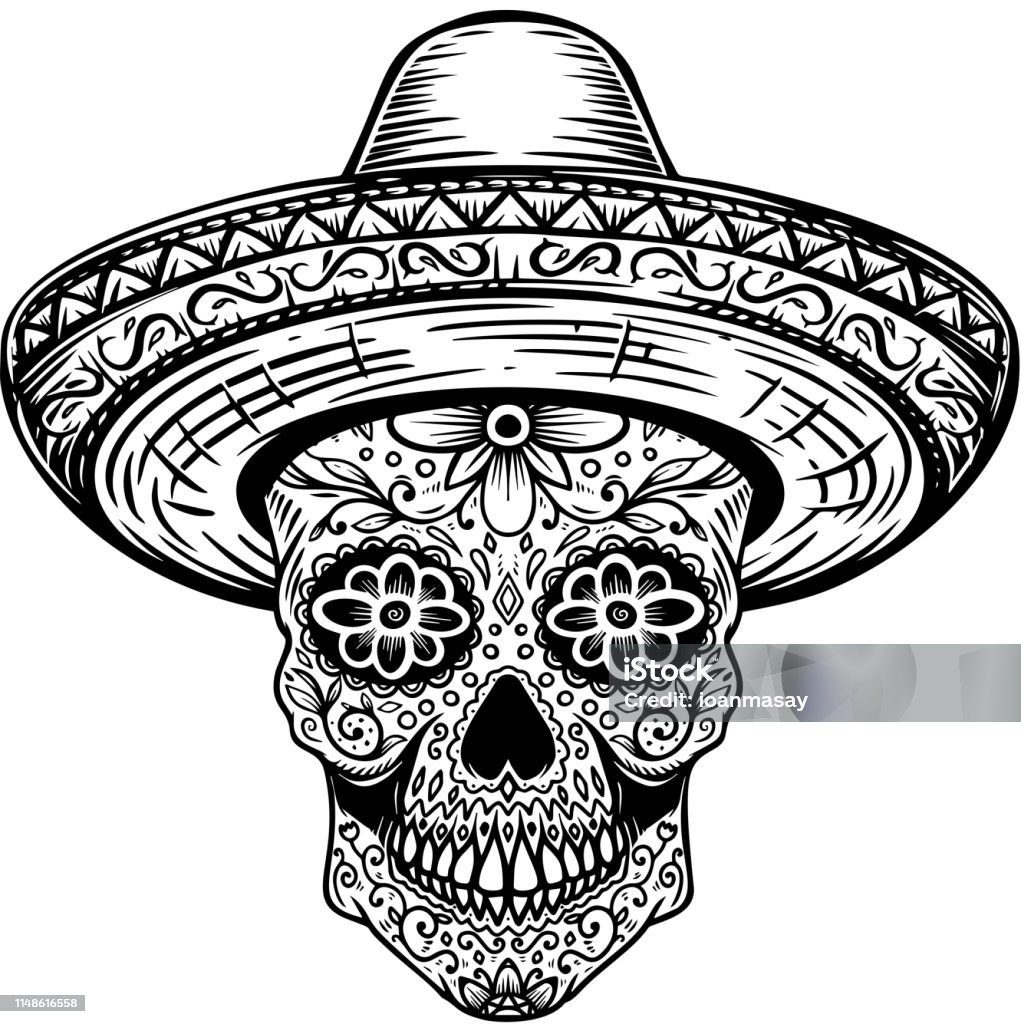 Mexican sugar skull in sombrero. Day of the dead theme. Design element for poster, t shirt, emblem, sign. Mexican sugar skull in sombrero. Day of the dead theme. Design element for poster, t shirt, emblem, sign. Vector illustration Old-fashioned stock vector