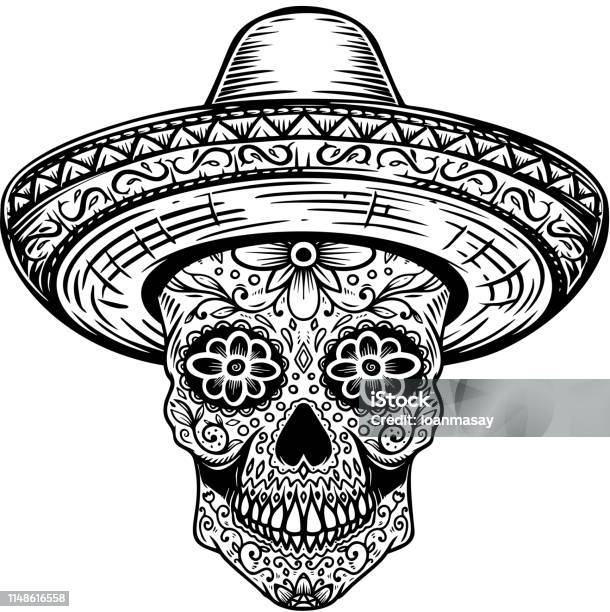 Mexican Sugar Skull In Sombrero Day Of The Dead Theme Design Element For Poster T Shirt Emblem Sign Stock Illustration - Download Image Now