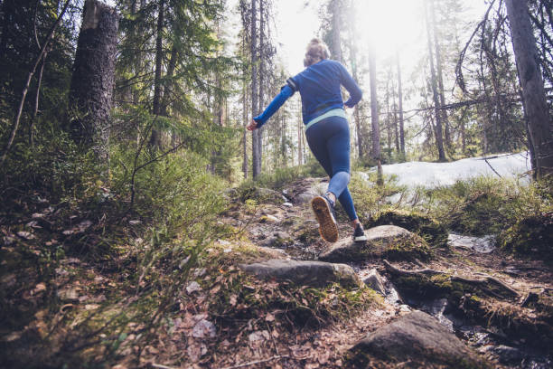 woman trail runner running in forest. - wood dirt road footpath exercising imagens e fotografias de stock