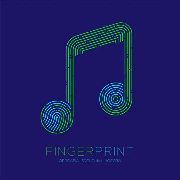 Vector illustration of Music note sign pattern Fingerprint scan logo icon dash line, Musician concept, Editable stroke illustration blue and green isolated on blue background with Fingerprint text and space, vector eps10