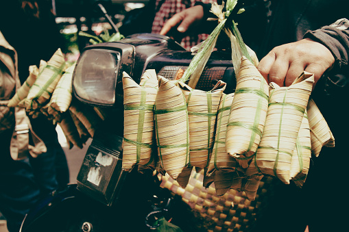 Selling food by using a motorcycle in Vietnam, Vintage style