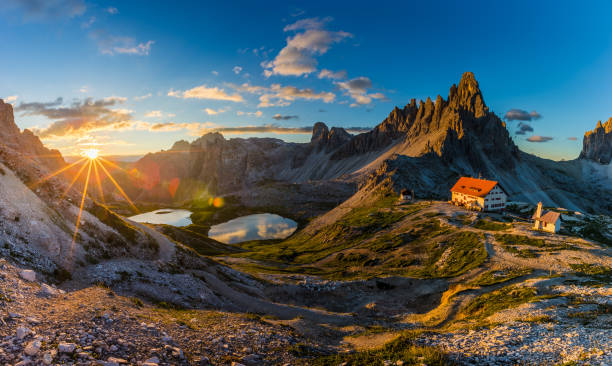 Beautiful sunrise in Tre Cime di Lavaredo National Park, Dolomites, Italy stock photo