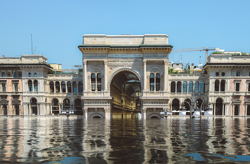 Digital manipulation of flooded Vittorio Emanuele II Gallery in Milan, Italy - Climate Change