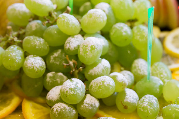 uvas verdes com açúcar pulverizado. sobremesa da fruta - grape white grape green muscat grape - fotografias e filmes do acervo
