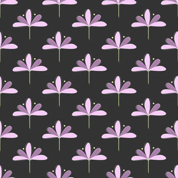 Vector illustration of Seamless Pattern: Repeating Lila und Violet Blooms on Dark Background.