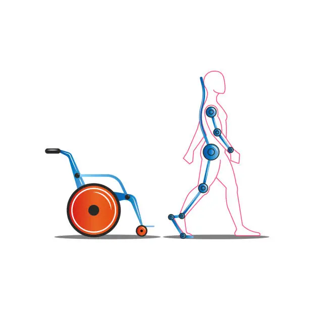 Vector illustration of Disabled person getting out of a wheelchair using an exoskeleton concept vector illustration, medical servo technology for people with disabilities for a full life