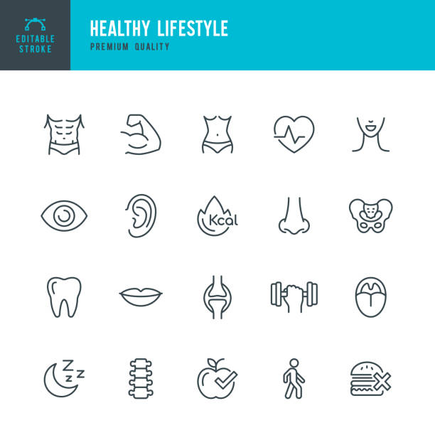 illustrazioni stock, clip art, cartoni animati e icone di tendenza di healthy lifestyle - set di icone vettoriali di linea - muscoli