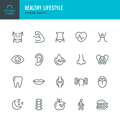 Set of 20 Healthy Lifestyle line vector icons. Human Body, Eye, Spine, Lips, Ear, Nose, Heartbeat and so on