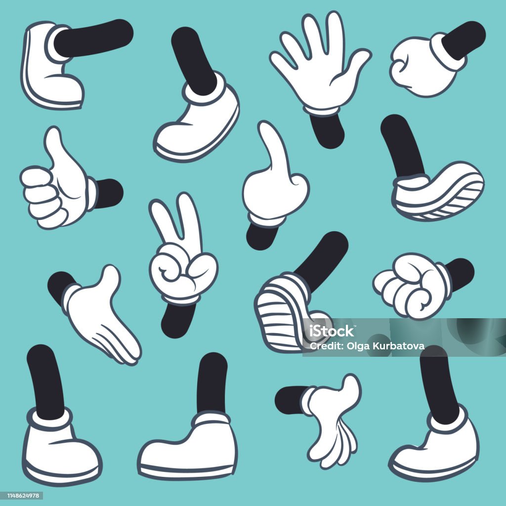 Cartoon legs hands. Leg in boots and gloved hand, gestures parts body comic feet in shoes different poses. Vector illustration set Cartoon legs hands. Leg in boots and gloved hand pointing ok, gestures parts body comic feet in shoes different poses. Vector illustration set Cartoon stock vector