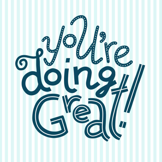 Decorated You're Doing Great lettering card Colorful vector hand-drawn lettering of words You're Doing Great. Greeting card encouragement sentiment. Letters decorated with dots and lines. Light blue striped background. you re awesome stock illustrations