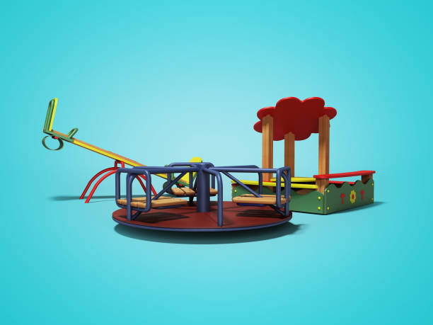 istock Modern playground for children with sandbox and two swings 3d render on blue background with shadow 1148625642