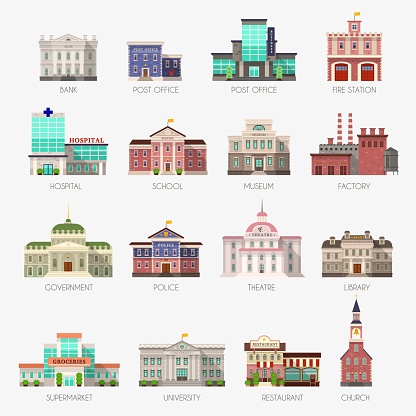 Government houses. Municipal office bank, buildings hospital school university police station library city exterior architecture flat vector icons