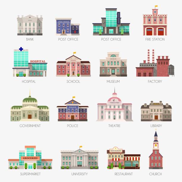 Government houses. Municipal office bank, buildings hospital school university police station library city exterior flat vector icons Government houses. Municipal office bank, buildings hospital school university police station library city exterior architecture flat vector icons multiple churches stock illustrations