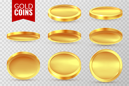 Gold coins set. Realistic golden coin, money cash finance payment symbols. Bingo jackpot casino 3d dollar isolated vector sings
