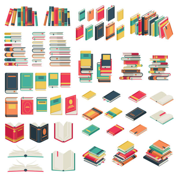 Flat books set. Book school library publishing dictionary textbook magazine open closed page studying vector collection Flat books set. Book school library publishing dictionary textbook magazine open closed page studying vector icons book cover illustrations stock illustrations