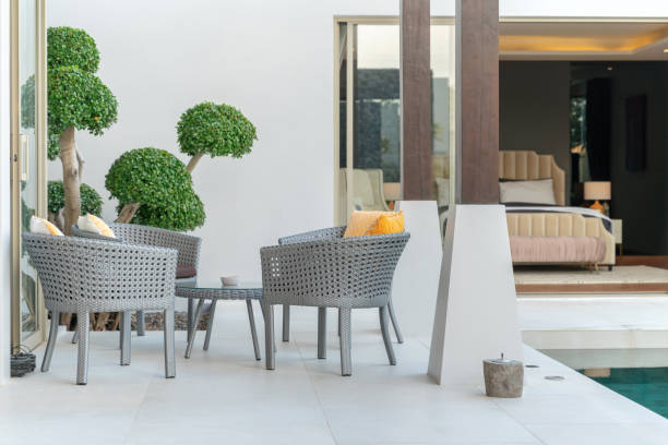 istock chair and table at the pool villas 1148629526