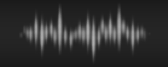 White halftone pattern, audio waveform. Modern design rhythm of heart. Sound wave spectrum. Abstract dotted ornament isolated on black background