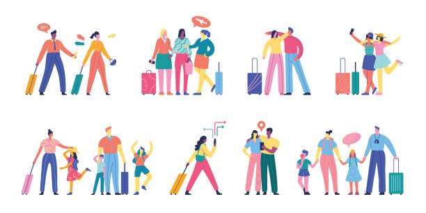 ilustraciones, imágenes clip art, dibujos animados e iconos de stock de las personas que viajan - sencillez ilustraciones