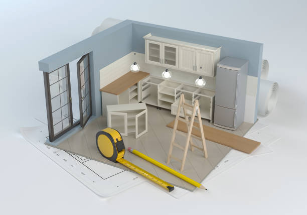 Kitchen project and assembly of furniture 3D illustration measuring a room stock pictures, royalty-free photos & images