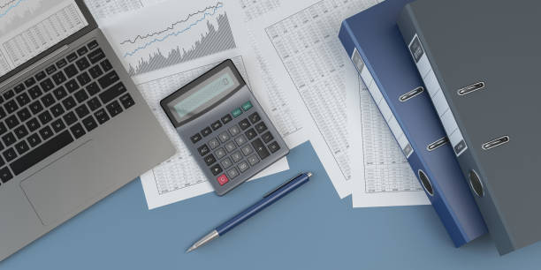 comptabilité, fond bleu, illustration 3d - pen paper document business photos et images de collection