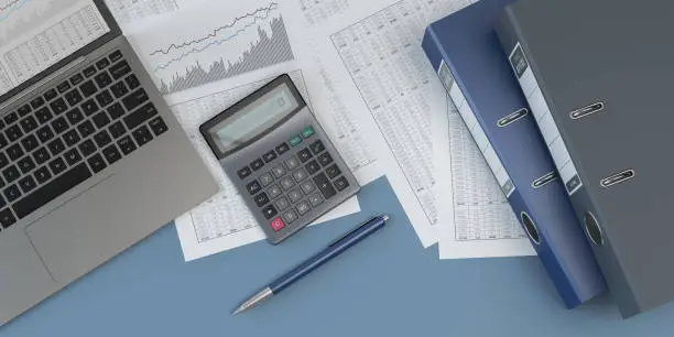 Photo of Accounting, blue background, 3D illustration