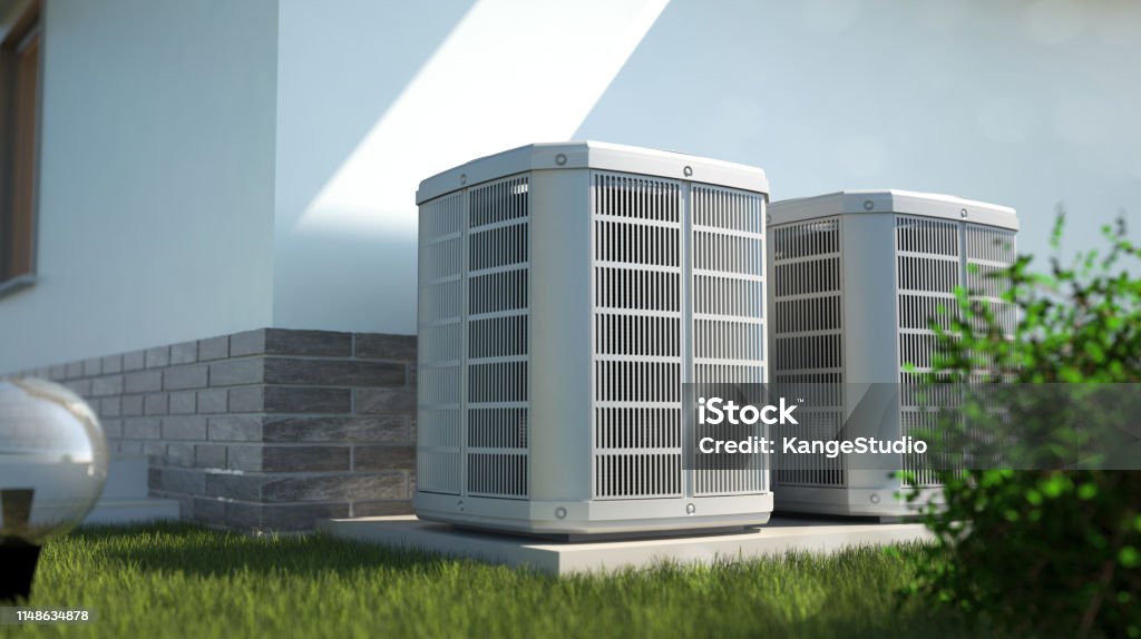 Air heat pumps beside house alternative energy concept - 3D illustration Air Conditioner Stock Photo