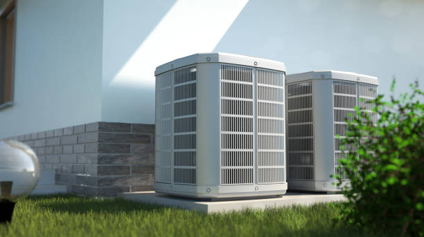 Air heat pumps beside house alternative energy concept - 3D illustration heat temperature stock pictures, royalty-free photos & images