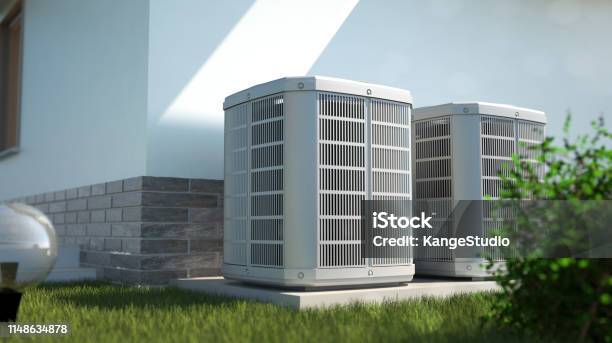 Air Heat Pumps Beside House Stock Photo - Download Image Now - Air Conditioner, Air Duct, Heat - Temperature