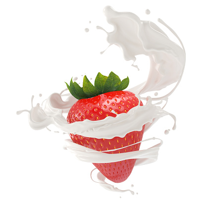 Fresh Strawberry with White Milk or Yogurt Cream, 3d rendering.