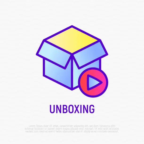 Vector illustration of Unboxing video thin line icon: opened box with play button. Modern vector illustration.