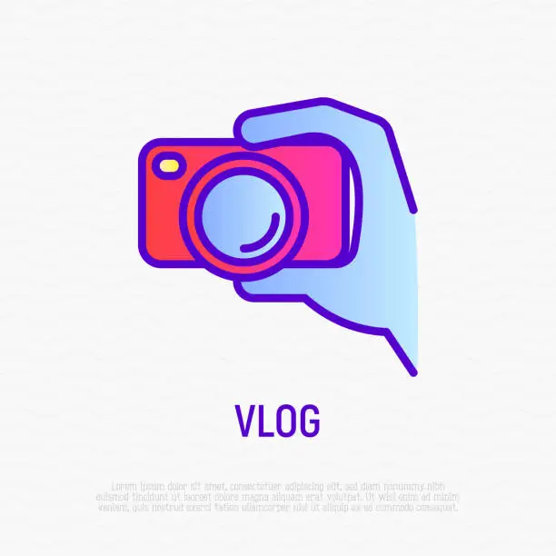 Vector illustration of Filming vlog: camera in hand thin line icon. Modern vector illustration for video logo.