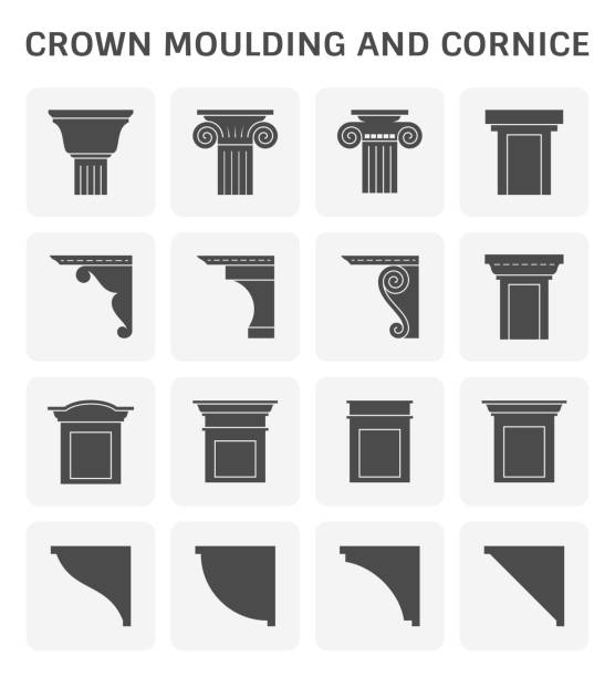 crown moulding cornice Crown moulding and cornice icon set design. moulding door jamb wood stock illustrations