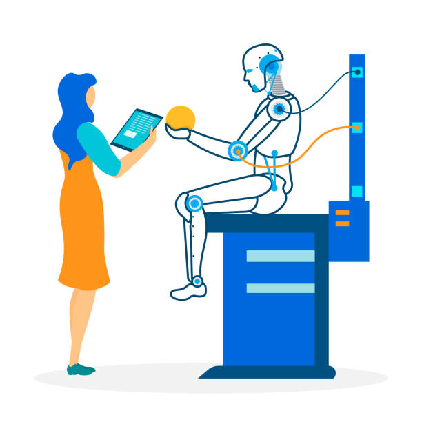 Banner with Developer and Robot with AI in Lab Banner with Developer and Robot with AI. Woman Researcher Controls, Encodes, Programs Humanoid on Tablet, Teaches to Hold Ball. Robotics and Artificial Intelligence Studying. Vector Illustration matrix color chart stock illustrations