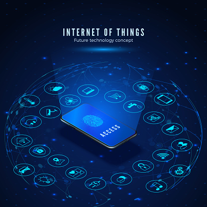Internet of things concept. IOT isometric banner. Digital global ecosystem. Monitoring and control smart systems by smartphone. Vector illustration