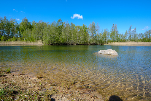 clear transparent water lake with sand bottom and large rock in the middle. summer green shores